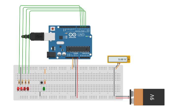 Circuit design Arduino teste 2 - leds sequenciais - Tinkercad