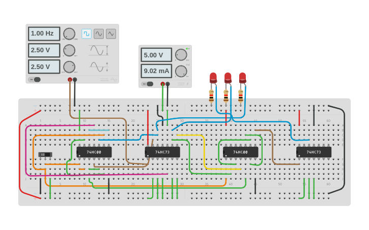 Circuit design 3 Bit asynchronous UP/Down Counter - Tinkercad