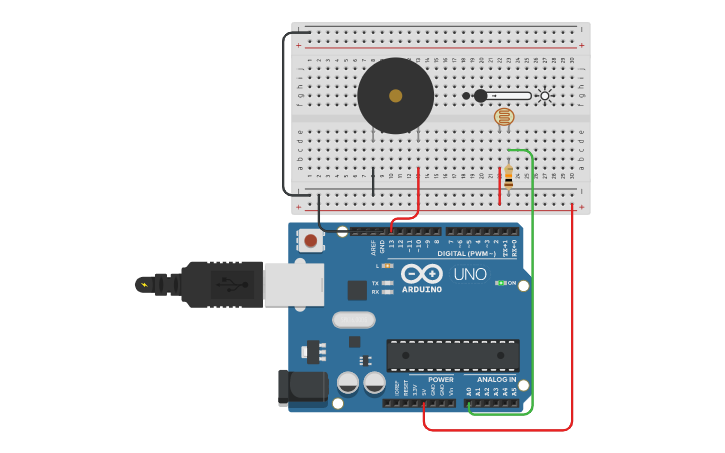 Circuit design Theremin óptico (función MAP) | Tinkercad