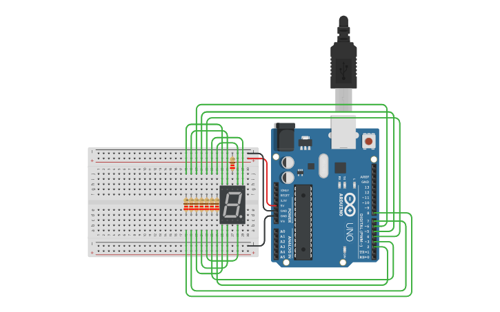 Circuit design Uso do display de 7 segmentos - Tinkercad