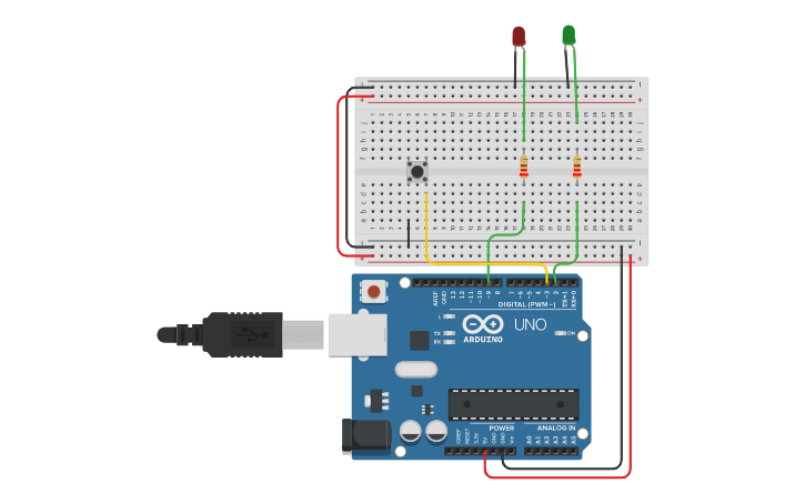 Circuit design 2led and button interrupt with arduino - Tinkercad