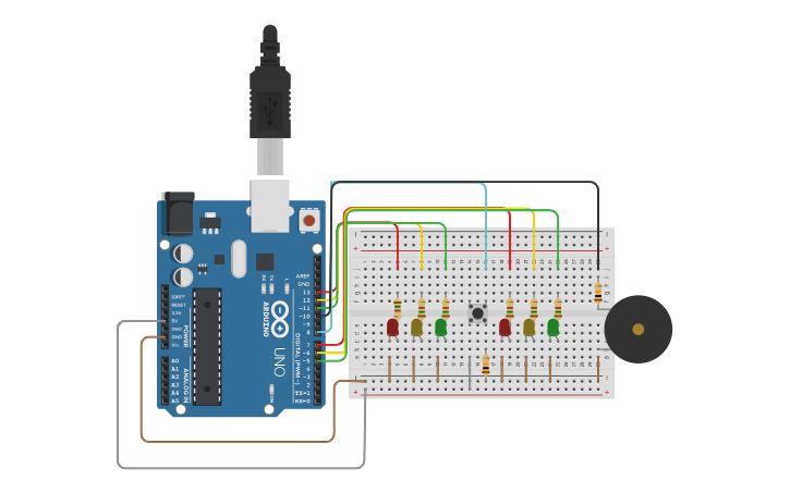 Circuit design LED push button - Tinkercad