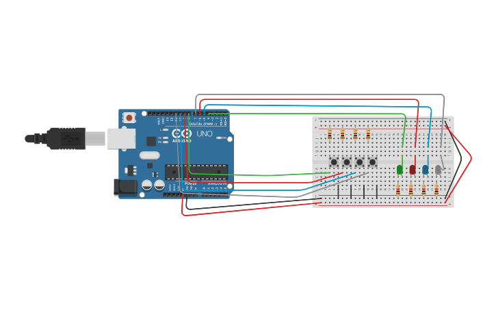 Circuit design 4 botones 4 leds - Tinkercad