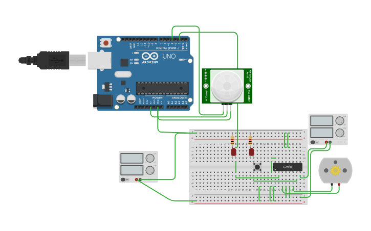 Circuit design PSSA06-PIR sensor dan motor dc | Tinkercad