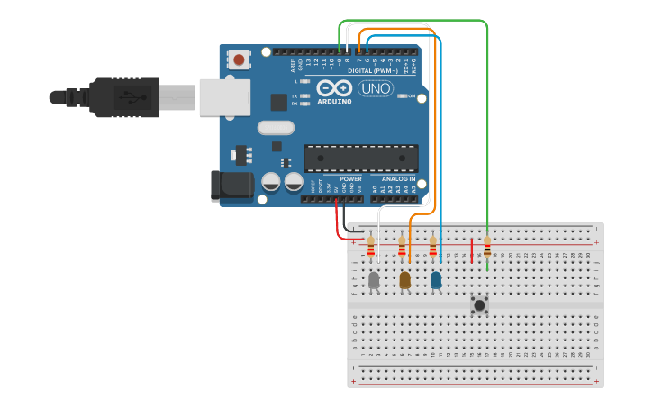 Circuit design Ligar LEDs pressionando botão | Tinkercad