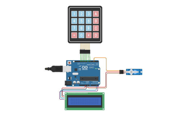 Circuit Design Lcd I2c Teclado Matricial 4x4 Servo Tinkercad