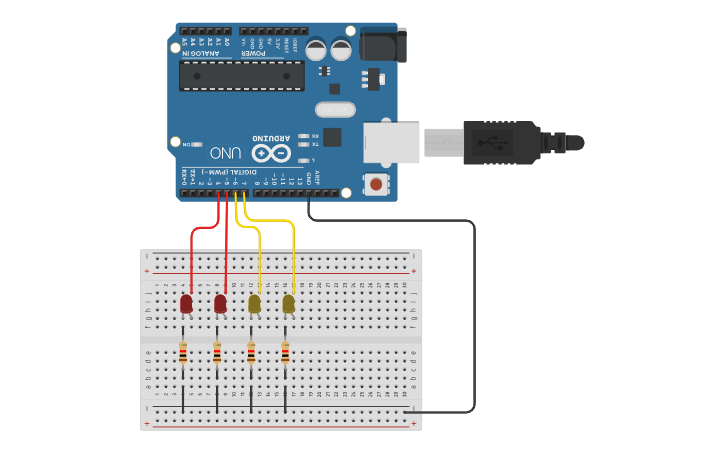 Circuit design how to connect 4 leds to arduino - Tinkercad