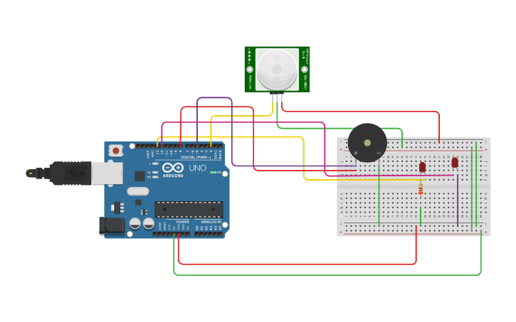 Circuit design PIR motion sensor with laser light alarm - Tinkercad