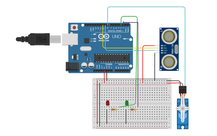 Circuit design Hc-sr04,led,servomotor | Tinkercad