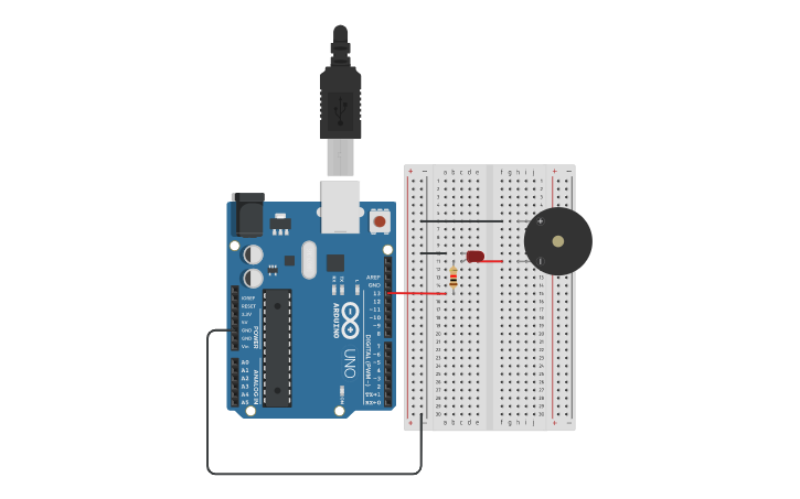 Circuit design Arduino board - Blinking LED with Piezo Buzzer - Tinkercad