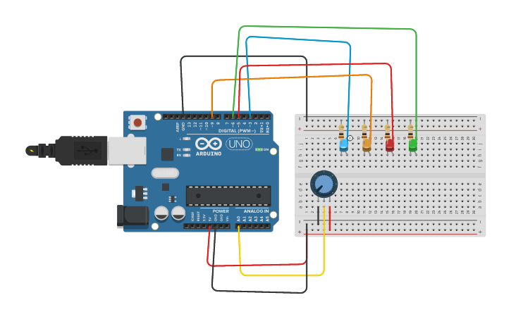 Circuit design Potentiometre et echelle de led - Tinkercad