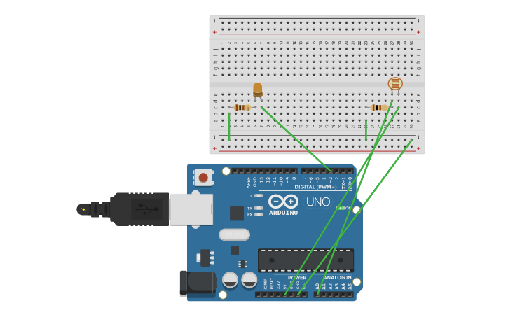 Circuit design 2 LEDs y fotoresistencia - Tinkercad