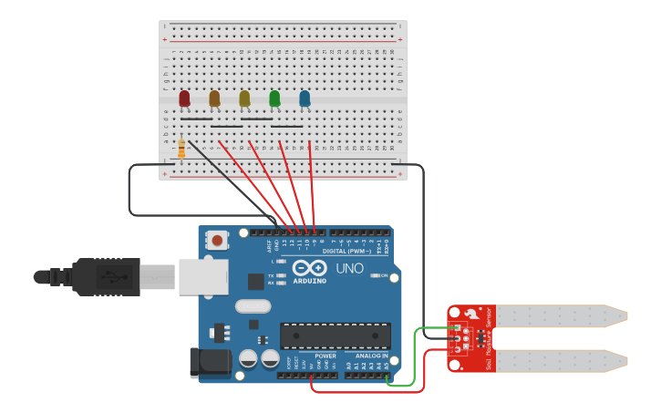 Circuit design Sensor humedad LEDs colores - Tinkercad