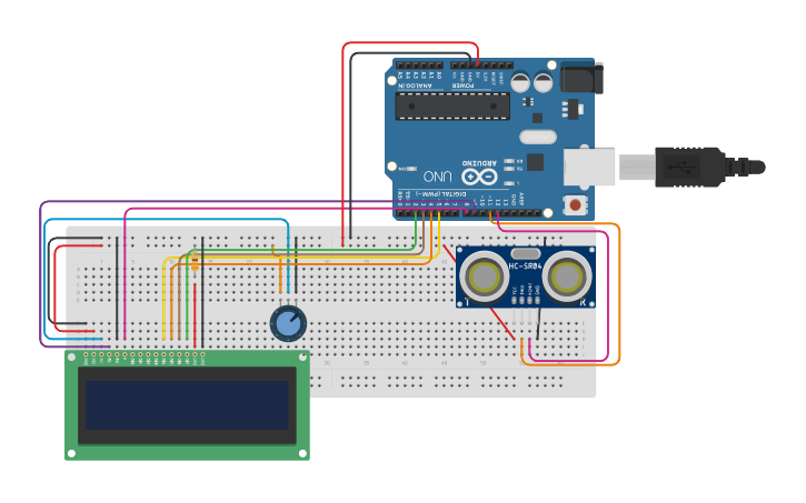 Circuit design Display e sensor de distância - Gui - Tinkercad
