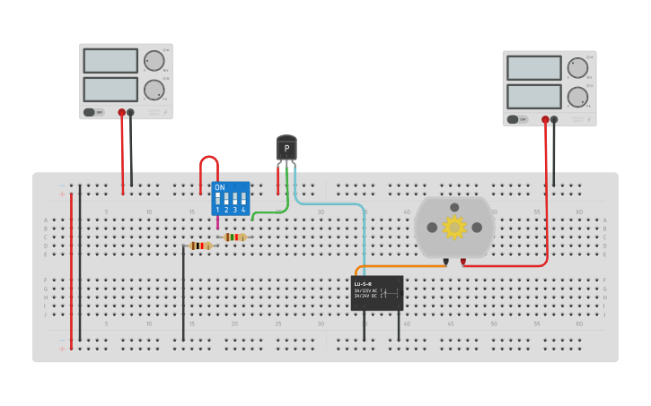 Circuit design Pull down activa un PNP, relé y motor | Tinkercad