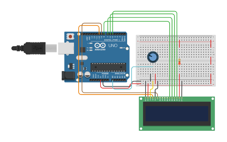 Circuit design Potensio value to lcd 16x2 | Tinkercad