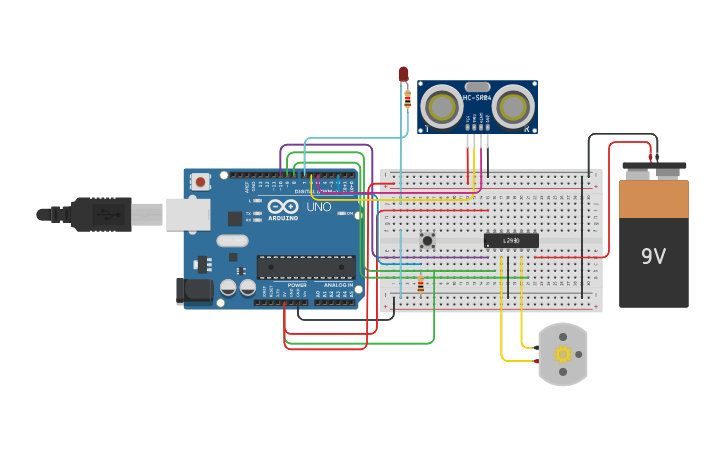 Circuit Design 4rangkaian Motor Dc Led Sensor Ultrasonik Dan Push Button Tinkercad