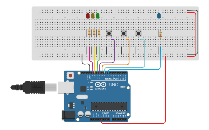 Circuit design on off 3 buttons - Tinkercad