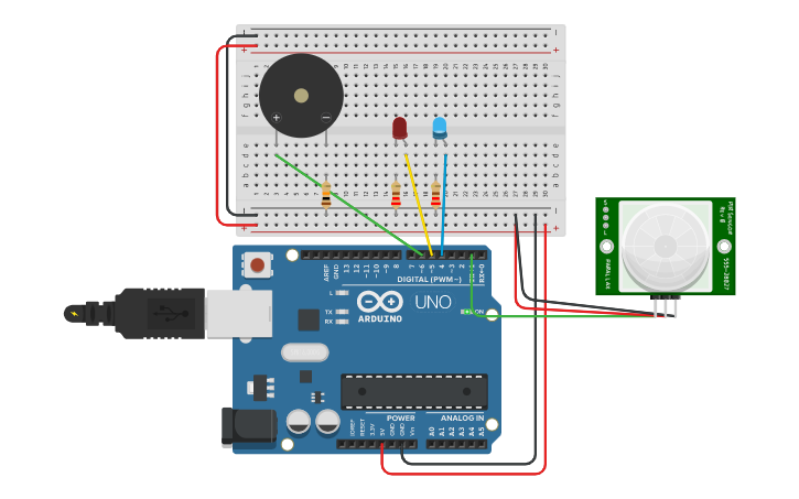 Circuit design Sensor de movimiento con sonido y luz - Tinkercad