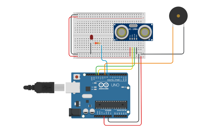 Circuit design Arduino Ultrasonic and T with LED Piezo | Tinkercad