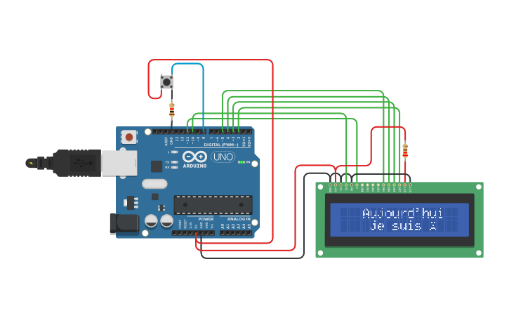 Circuit design LCD Arduino caractères personnalisés - Tinkercad