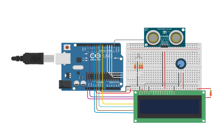 Circuit design Projeto Sensor de Proximidade com LCD - Tinkercad