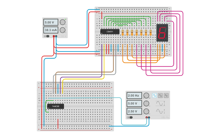 Circuit design BCD 7 segment, counter - Tinkercad