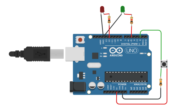 Circuit design LEDS intermitentes y pulsador | Tinkercad