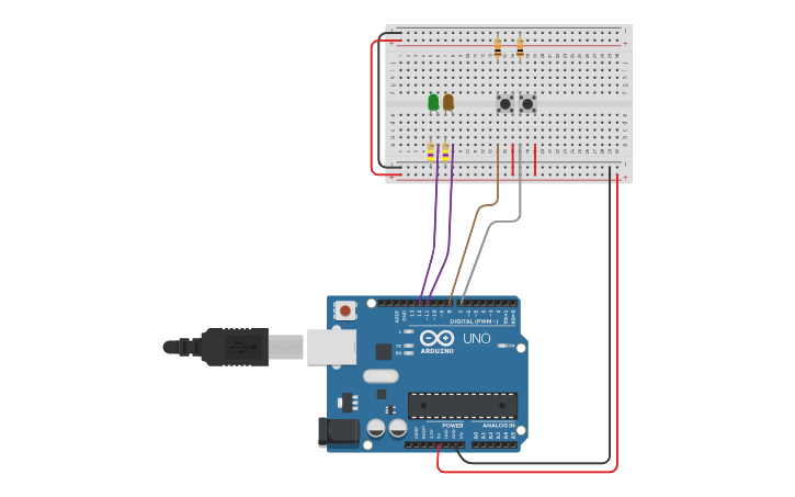 Circuit design Arduino_2_Led_Pulsador | Tinkercad