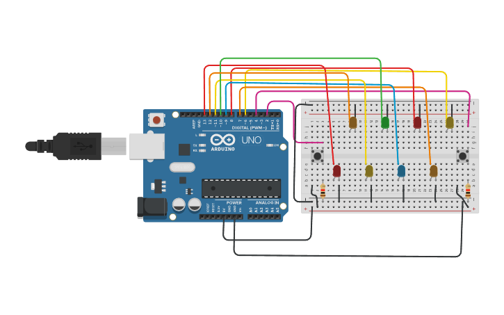 Circuit design Copy of ADUINO 8 LED 2 PUSH - Tinkercad