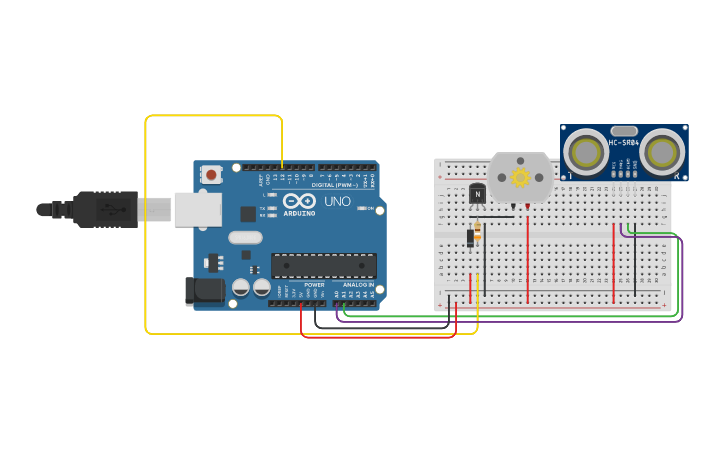 Circuit design Sensor de Distancia con Motor de CC modificado - Tinkercad