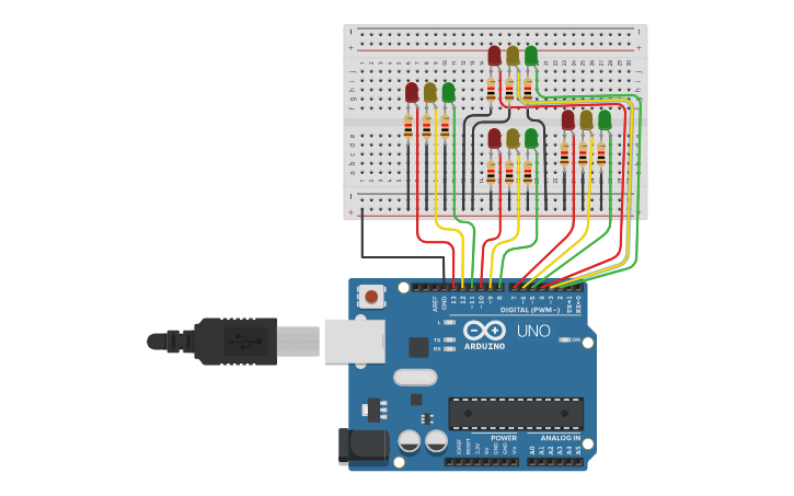 Circuit design 4 way traffic light - Tinkercad