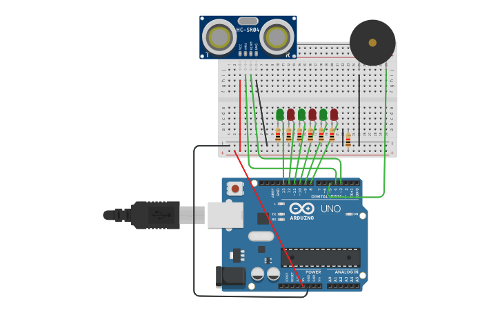 Circuit design Ultra Sonido Con led y piezo - Tinkercad