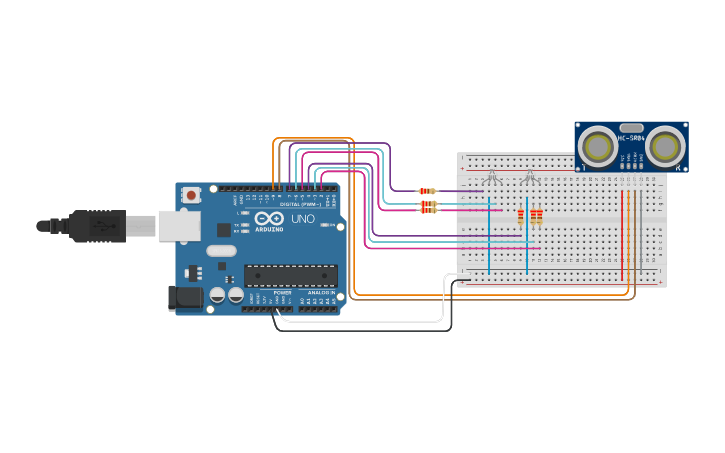 Circuit design Sensores de distancia y leds RGB - Tinkercad