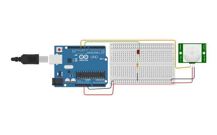Circuit design Glowing of LED using PIR motion sensor - Tinkercad