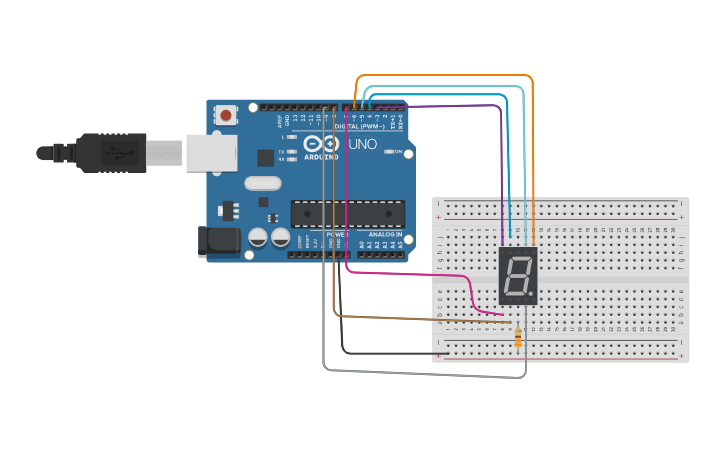 Circuit design Display 7 segmentos cathodo común - Tinkercad