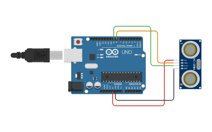 Circuit design Uso de un Sensor Ultrasónico - Tinkercad