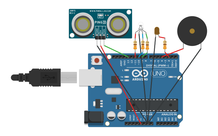 Circuit design Copy of Leds + Sensor de distancia + Buzzer | Tinkercad
