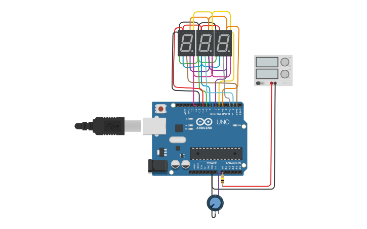 Circuit design Voltmeter using 7 segment display - Tinkercad