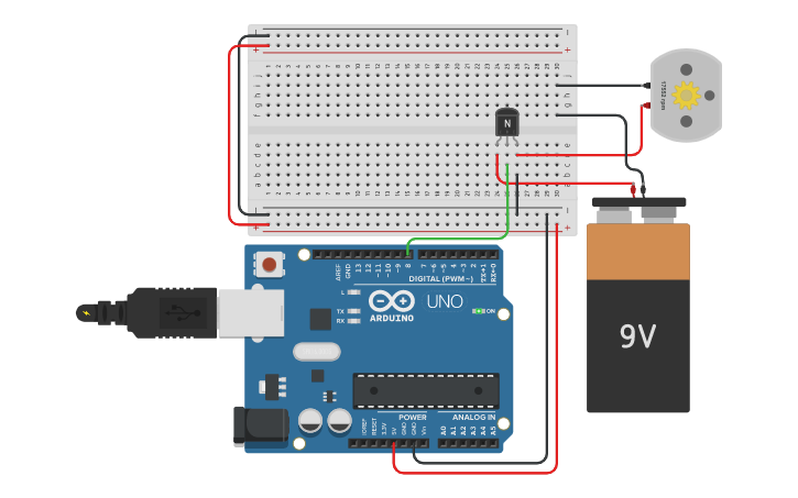 Circuit design 9v Transistor Battery Control - Tinkercad