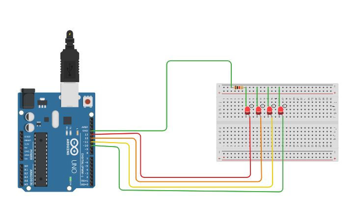 Circuit design 4 LED blinking sequence - Tinkercad