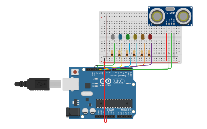 Circuit design SEMAFORO CON SENSOR ULTRASONICO - Tinkercad