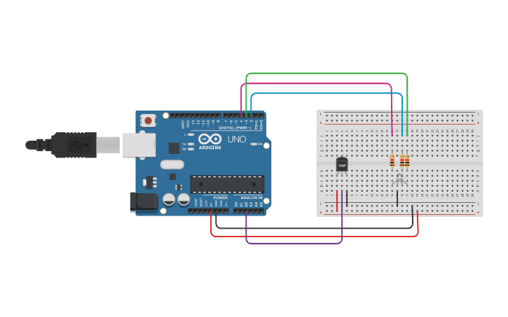 Circuit design TEMP SENSOR + LED + ARDUINO | Tinkercad