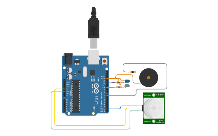 Circuit design Sensor + LED + Sound - Tinkercad