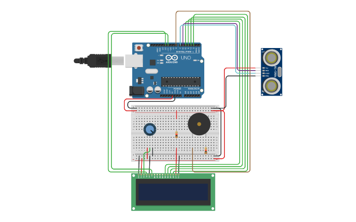 Circuit design Distance Warning System - Tinkercad
