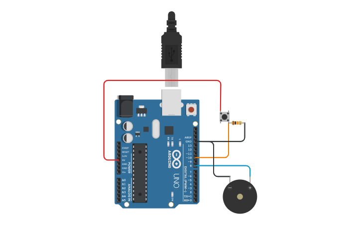Circuit design Buzzer with push button - Tinkercad