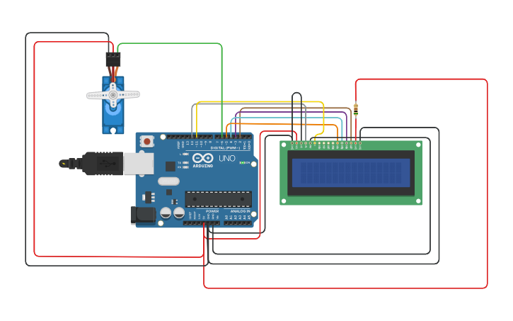 Circuit design LCD 16x2 and servo motor test - Tinkercad
