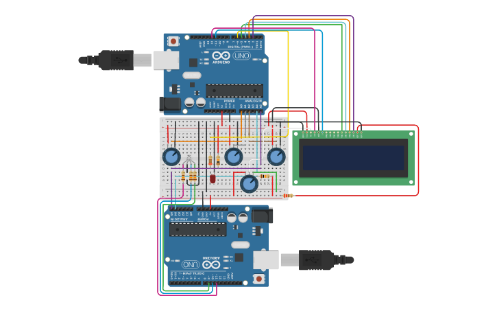 Circuit design Fancy I2C implementation between 2 Arduinos - Tinkercad