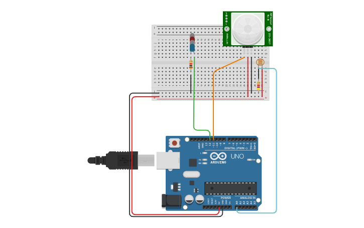 Circuit design PIR Motion Sensor with photoresistor - Tinkercad