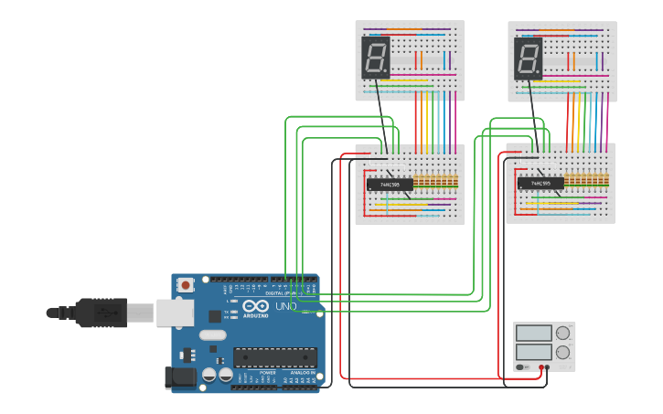 Circuit design Múltiples 7 segmentos con 74HC595 - Tinkercad